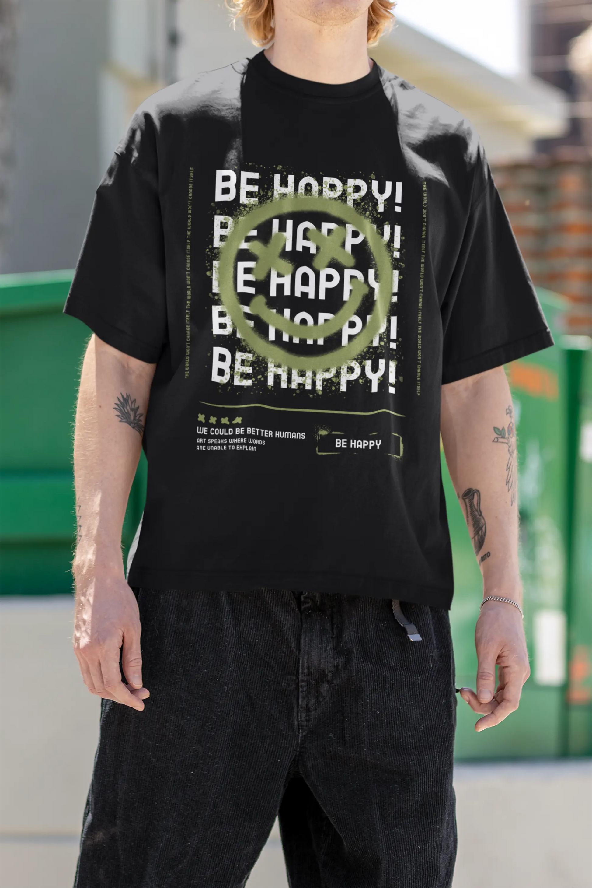 Be Happy, Graffitti Unisex Oversized Tee