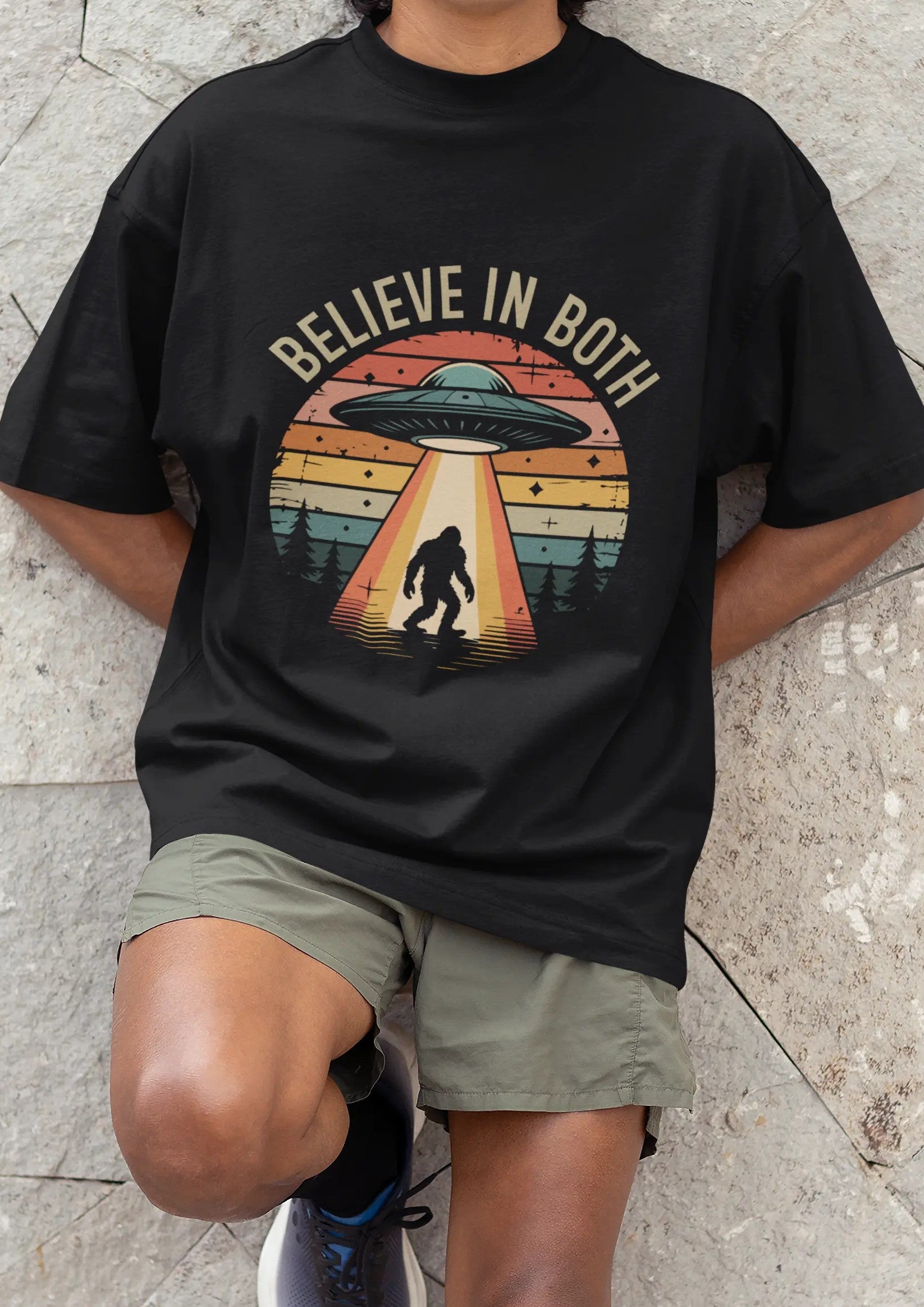Believe In Both, UFO & Bigfoot Retro UNisex Graphic Tee