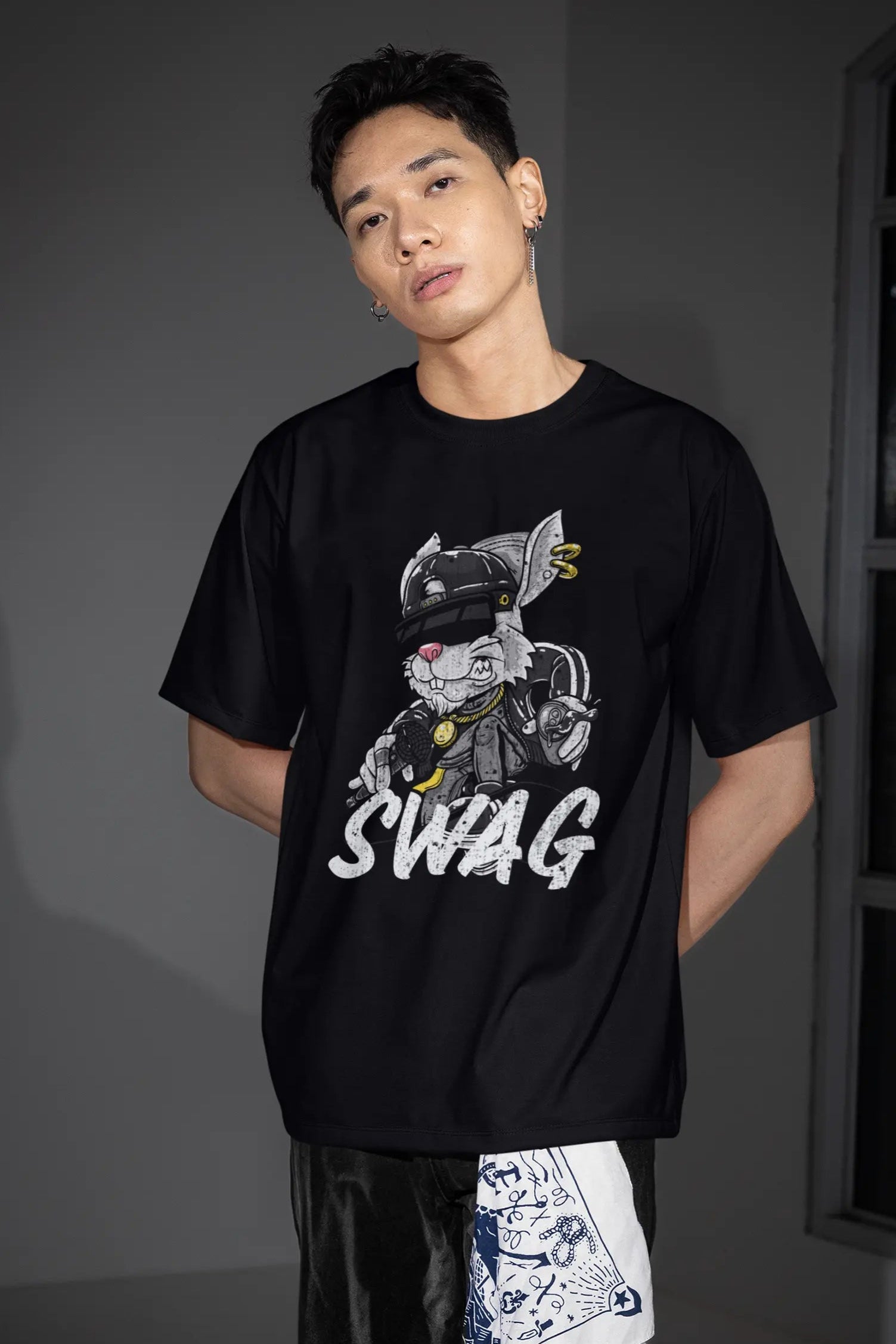 Classic Oversized Tee - SWAG, Cool Bunny Graphic T-shirt