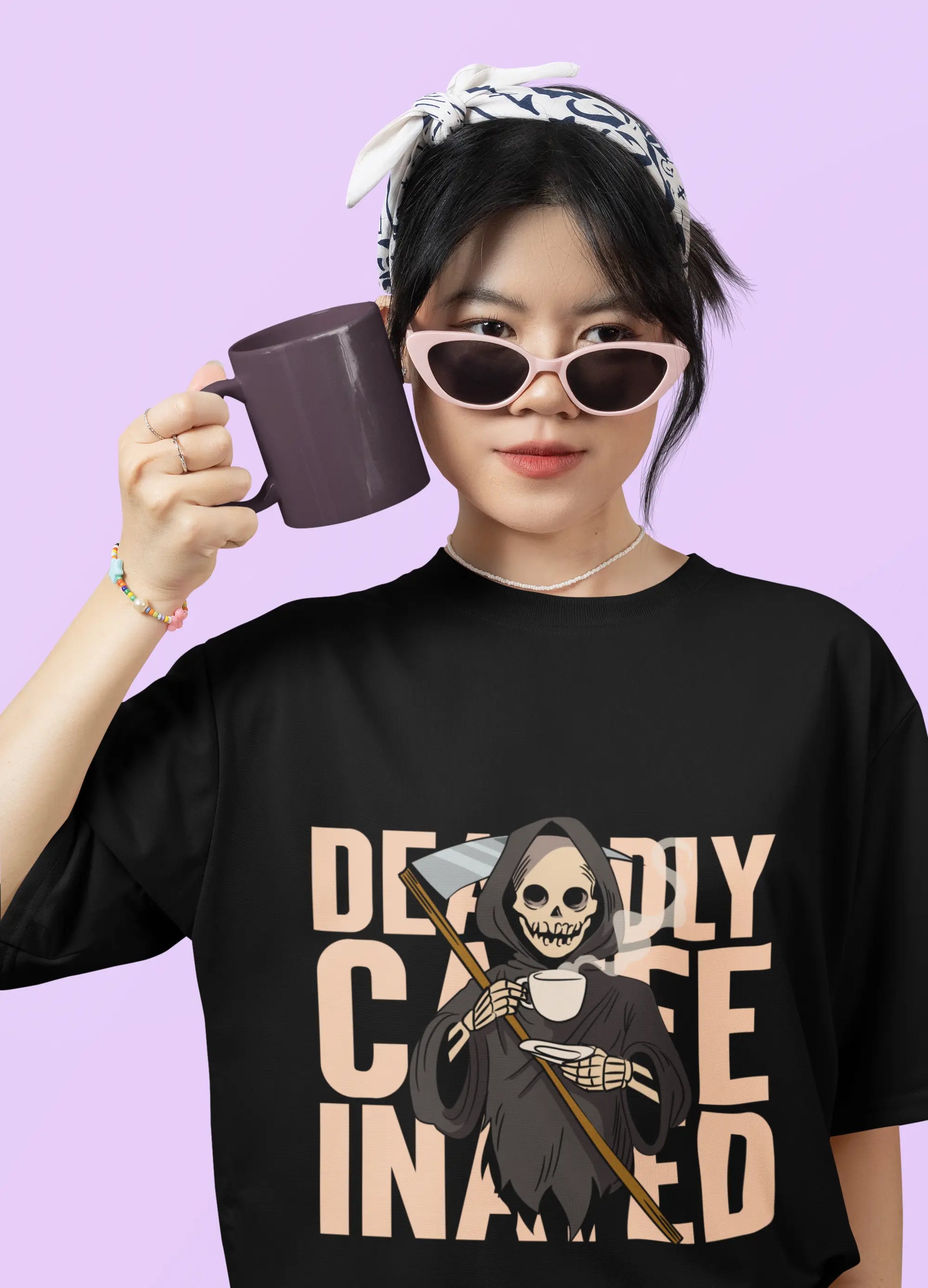 Deadly Caffeinated, Coffee Lover style Graphic Oversized T-Shirt