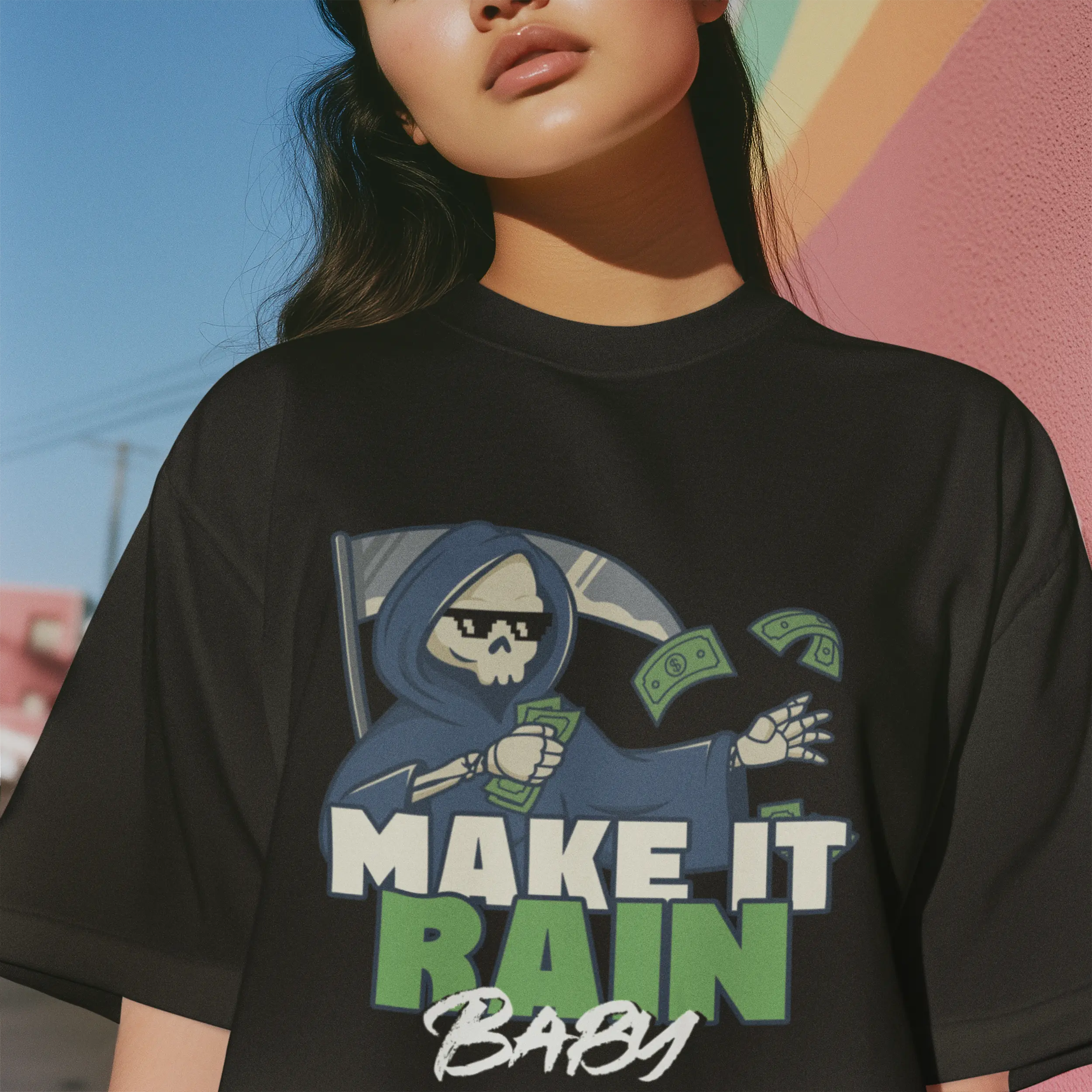Make it rain baby, Humourous Grpahic Oversized T-Shirt