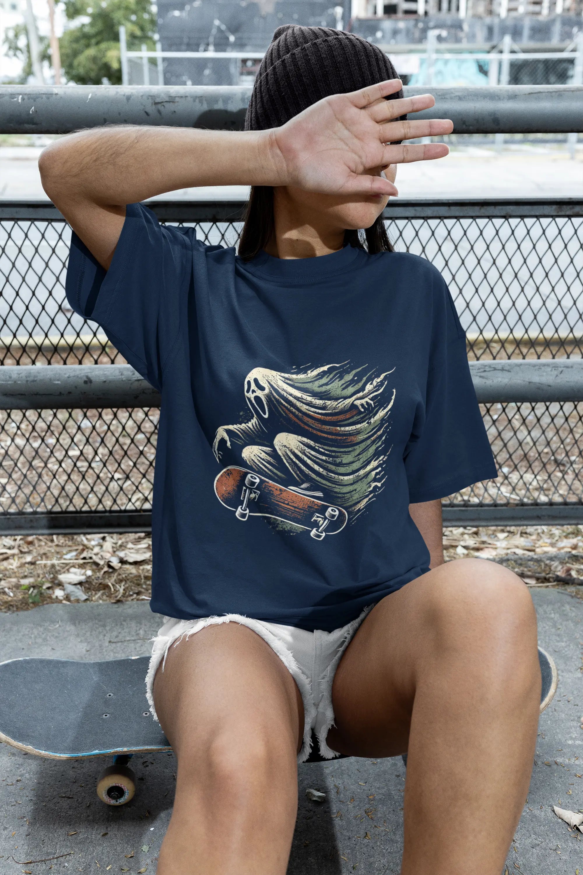 Ghost with Skateboard graphic, Unisex  Oversized Tee