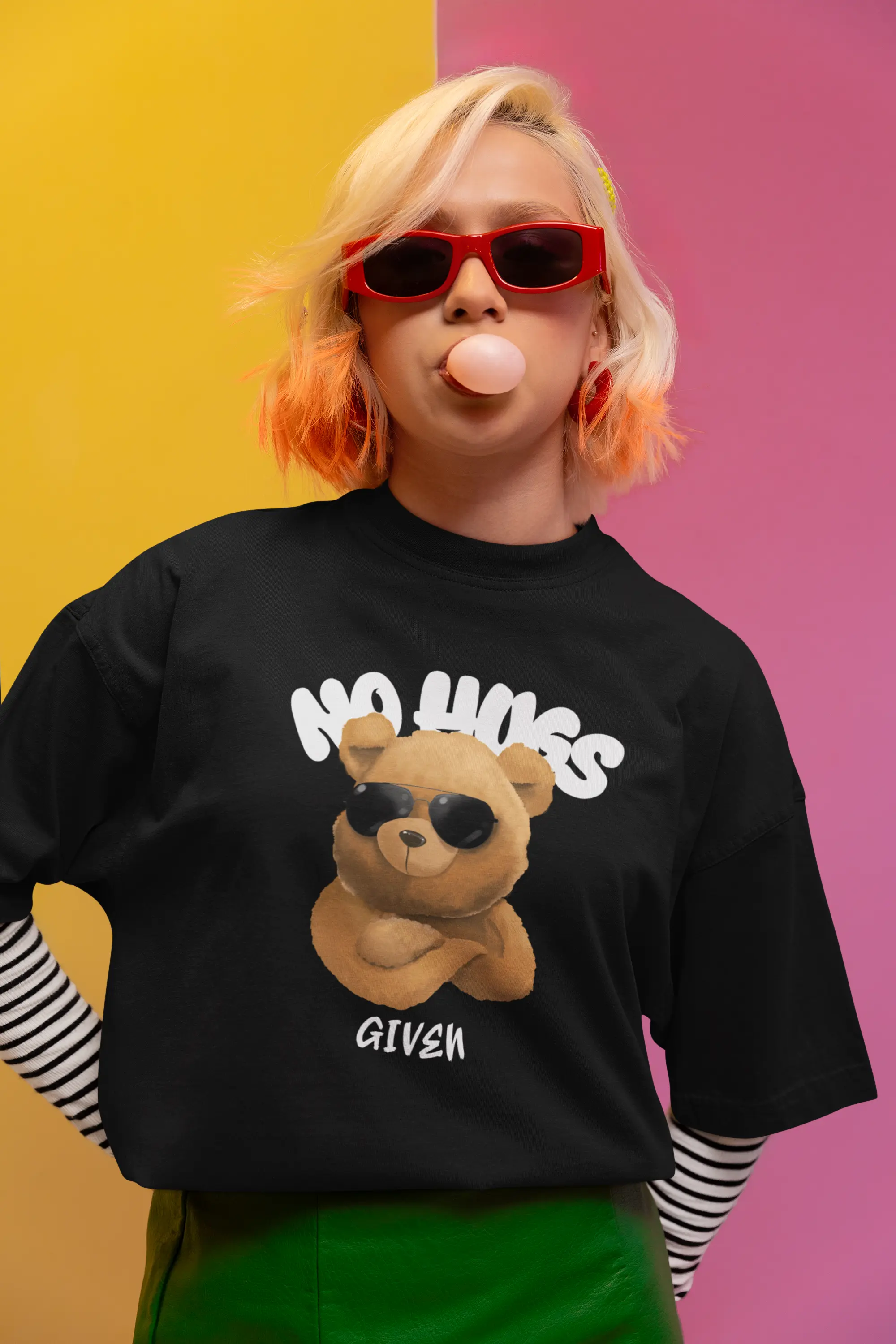 Graphic Oversized Tee - No Hugs Given, Teddy Bear Design